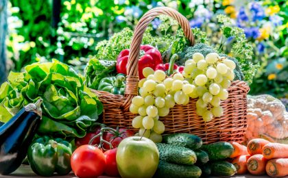 Variety of fresh organic vegetables and fruits in the garden