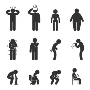 Symptoms of people disease icons. Sick and ill